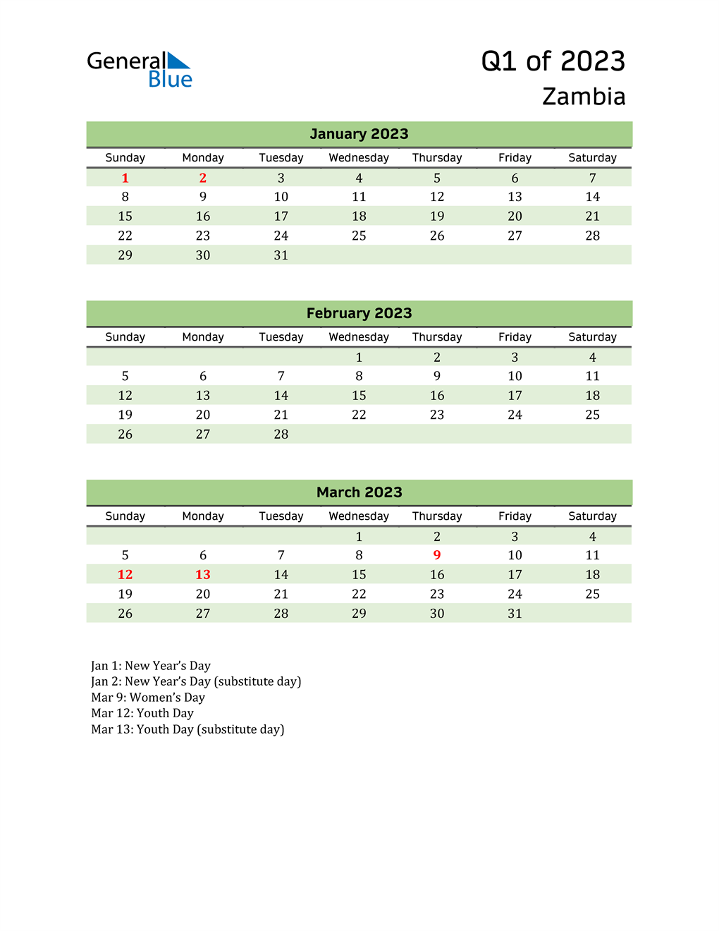  Quarterly Calendar 2023 with Zambia Holidays 
