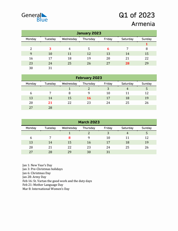 Quarterly Calendar 2023 with Armenia Holidays