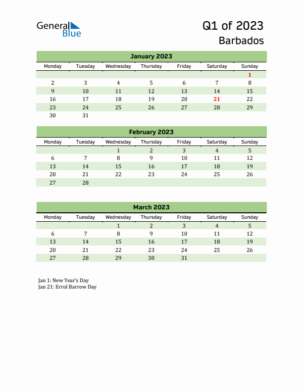 Quarterly Calendar 2023 with Barbados Holidays