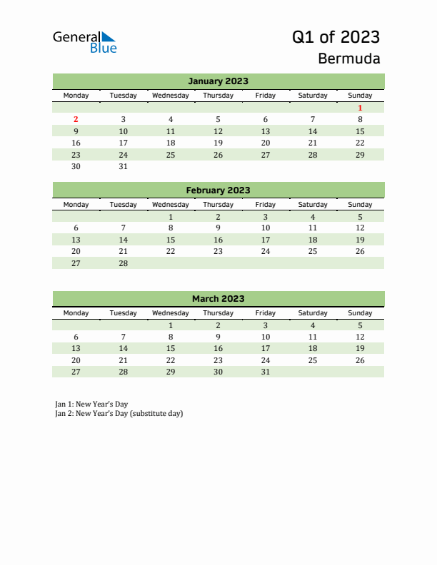 Quarterly Calendar 2023 with Bermuda Holidays