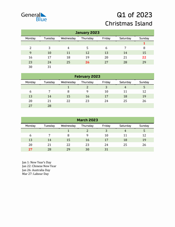 Quarterly Calendar 2023 with Christmas Island Holidays