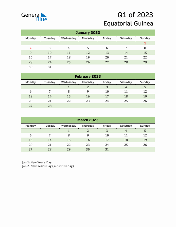 Quarterly Calendar 2023 with Equatorial Guinea Holidays
