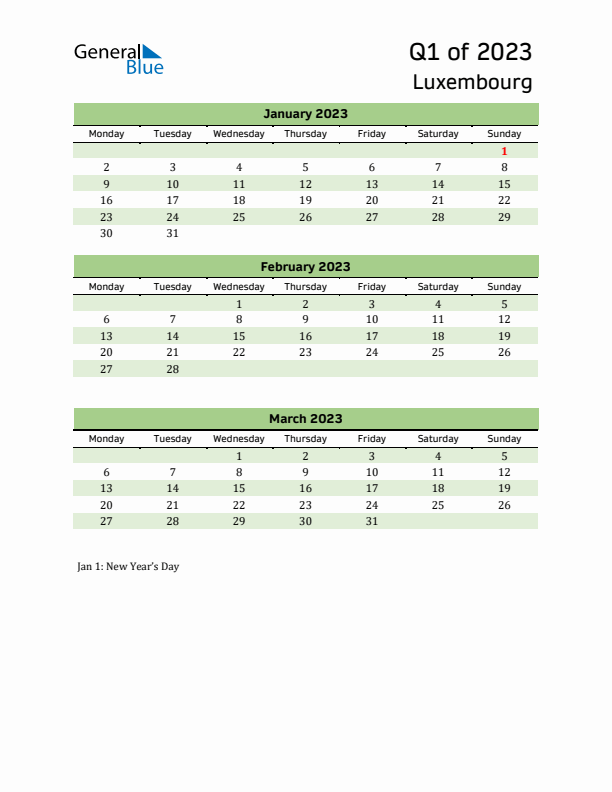 Quarterly Calendar 2023 with Luxembourg Holidays
