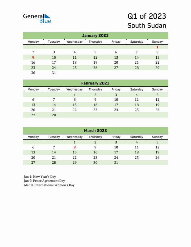 Quarterly Calendar 2023 with South Sudan Holidays