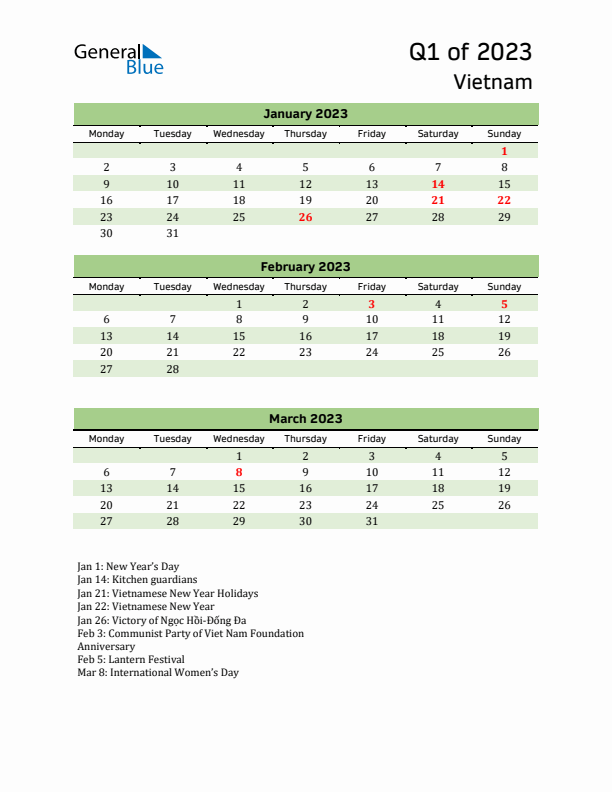Quarterly Calendar 2023 with Vietnam Holidays