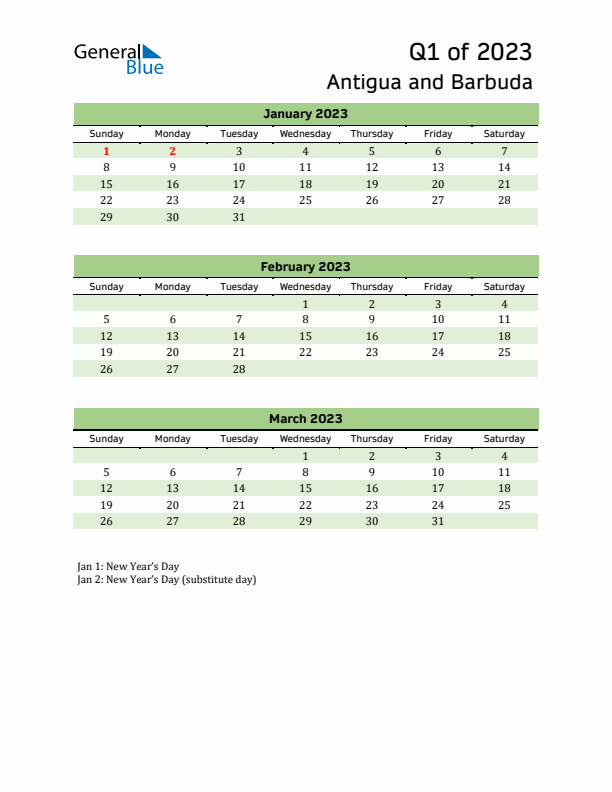 Quarterly Calendar 2023 with Antigua and Barbuda Holidays