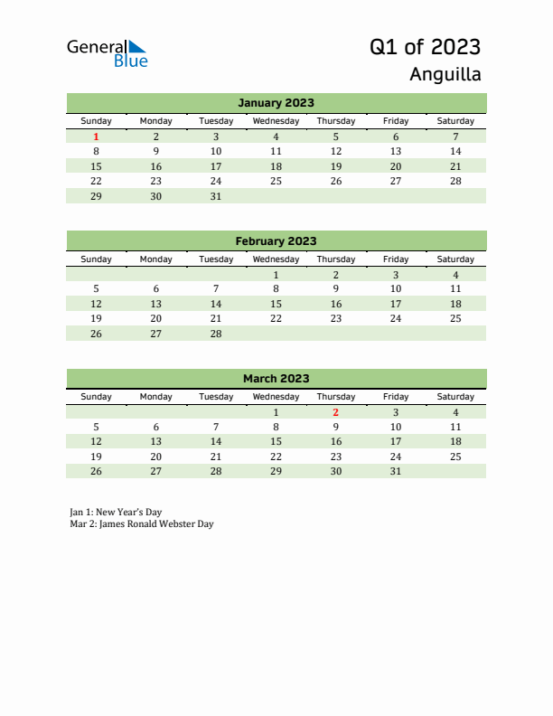 Quarterly Calendar 2023 with Anguilla Holidays