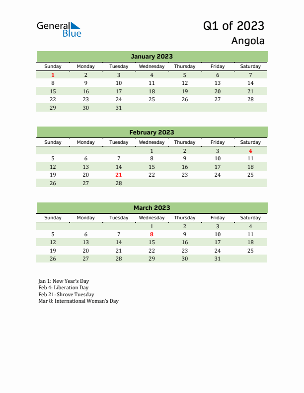 Quarterly Calendar 2023 with Angola Holidays