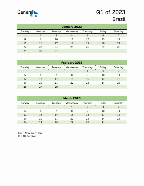 Quarterly Calendar 2023 with Brazil Holidays