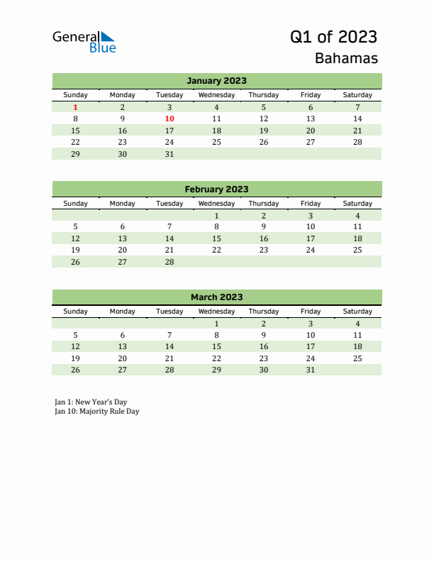 Quarterly Calendar 2023 with Bahamas Holidays