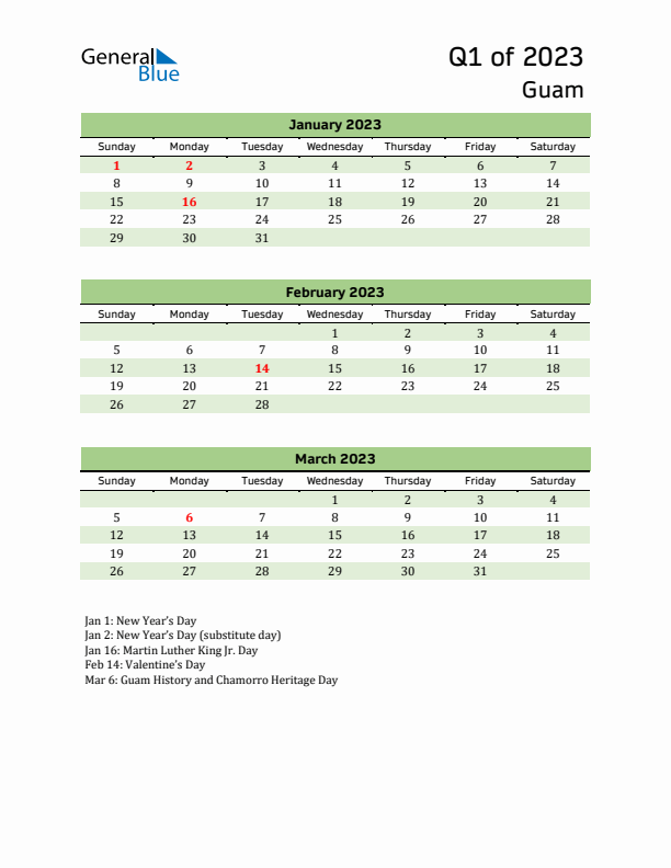 Quarterly Calendar 2023 with Guam Holidays