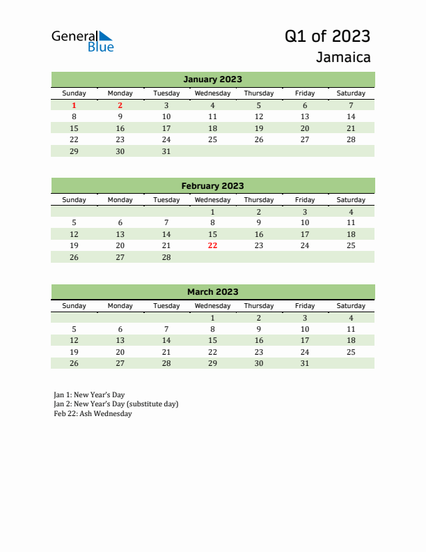 Quarterly Calendar 2023 with Jamaica Holidays