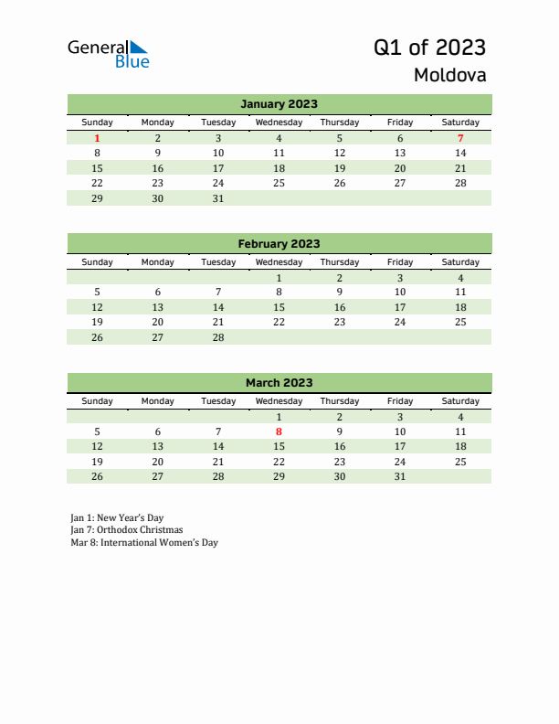 Quarterly Calendar 2023 with Moldova Holidays