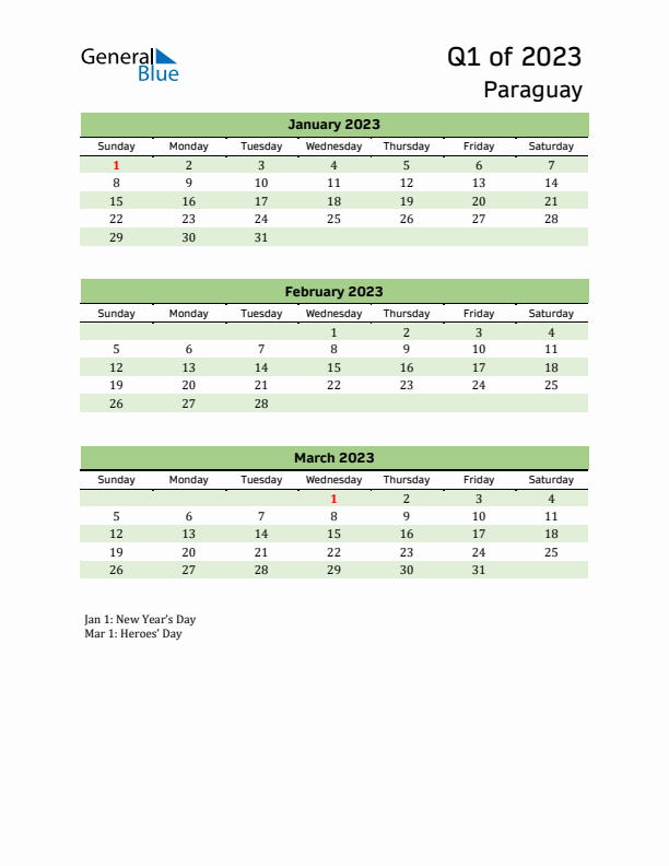 Quarterly Calendar 2023 with Paraguay Holidays
