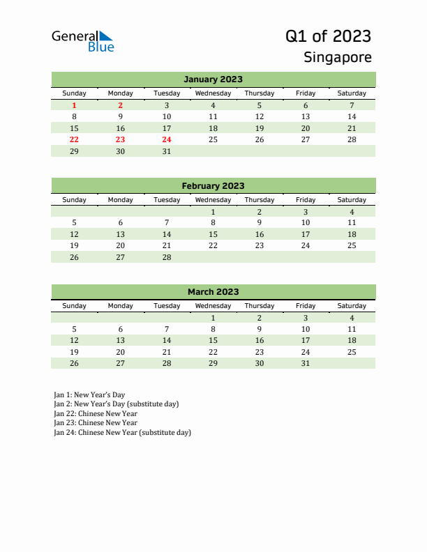 Quarterly Calendar 2023 with Singapore Holidays