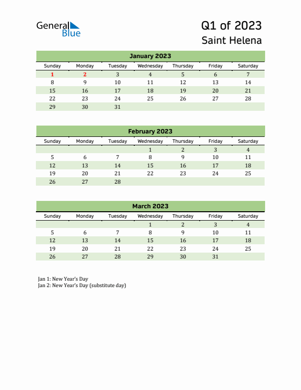 Quarterly Calendar 2023 with Saint Helena Holidays