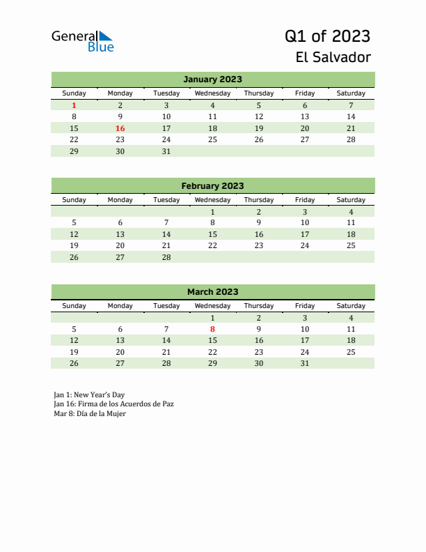 Quarterly Calendar 2023 with El Salvador Holidays