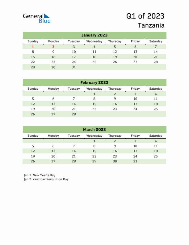 Quarterly Calendar 2023 with Tanzania Holidays