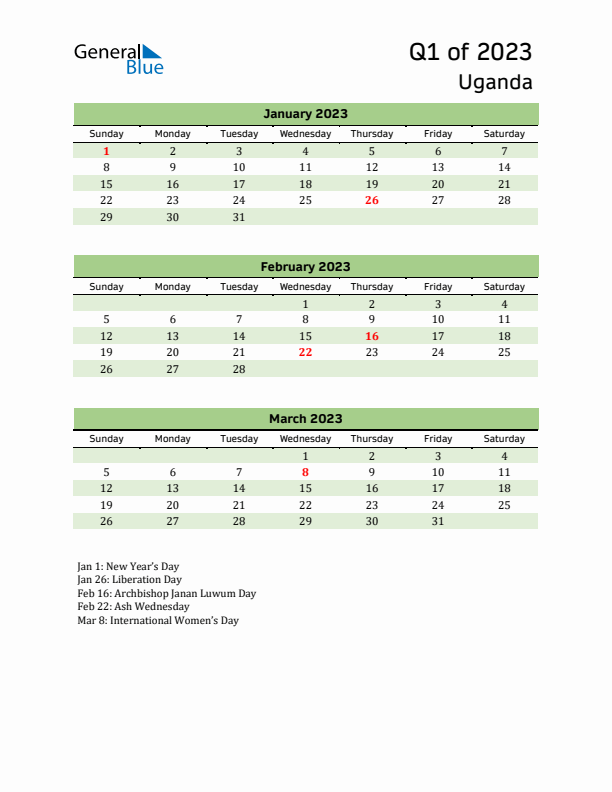 Quarterly Calendar 2023 with Uganda Holidays