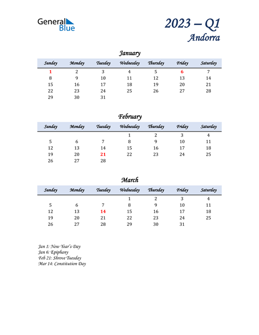  January, February, and March Calendar for Andorra
