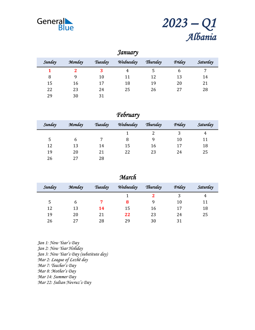  January, February, and March Calendar for Albania
