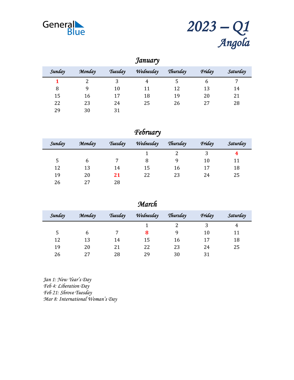  January, February, and March Calendar for Angola