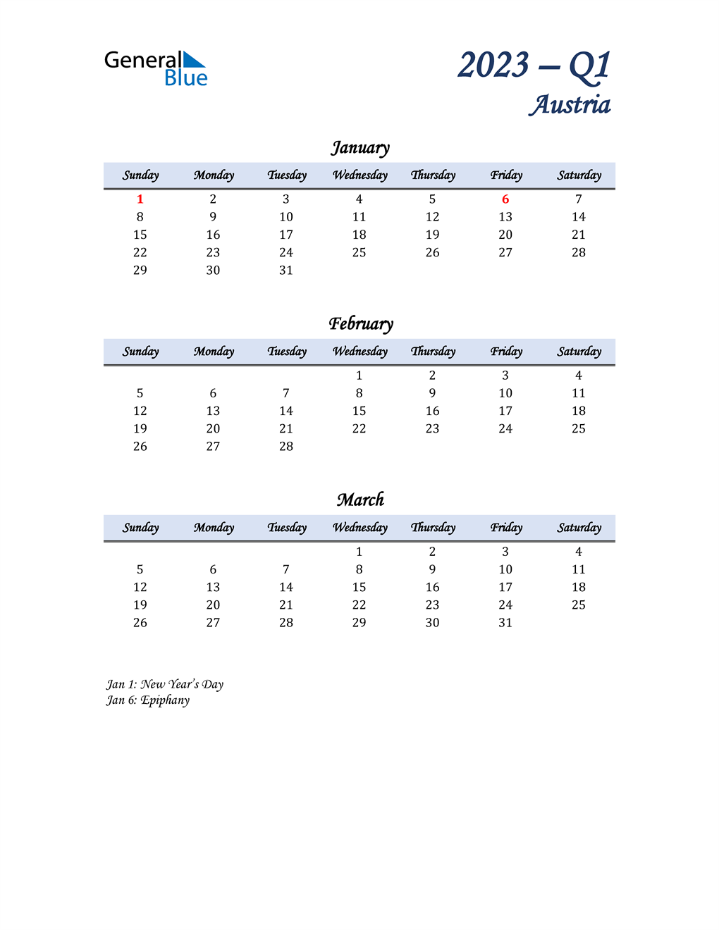  January, February, and March Calendar for Austria
