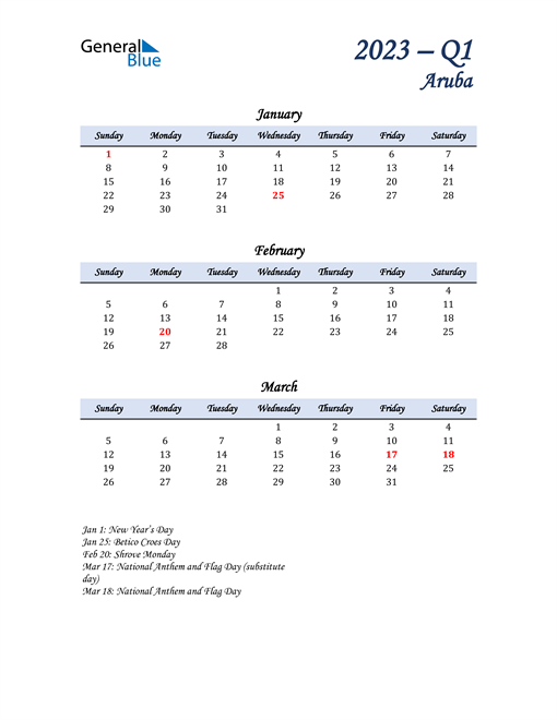  January, February, and March Calendar for Aruba