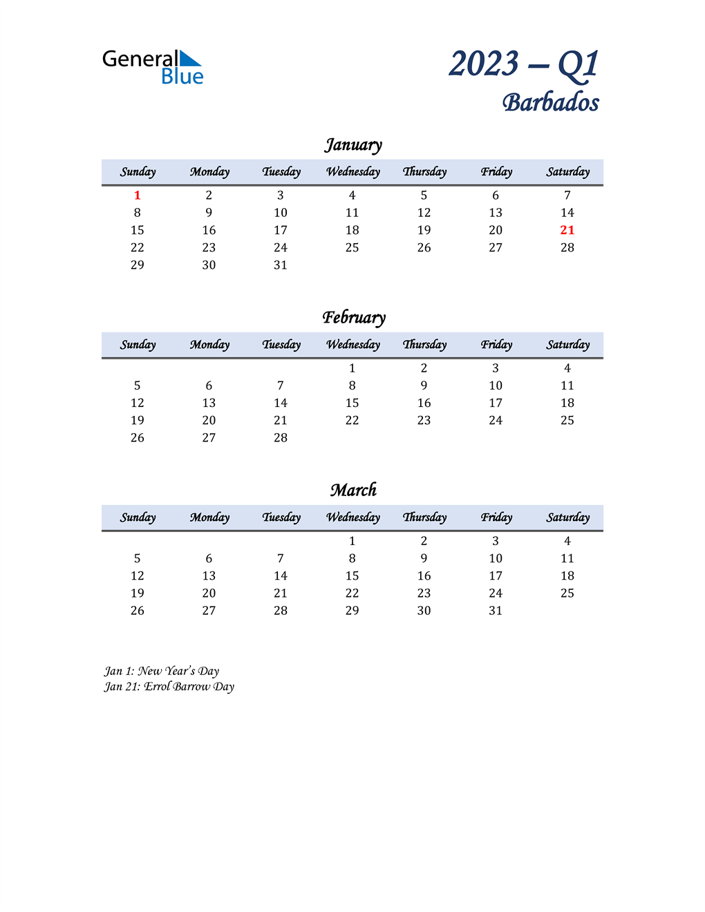  January, February, and March Calendar for Barbados