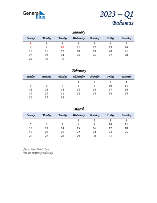  January, February, and March Calendar for Bahamas