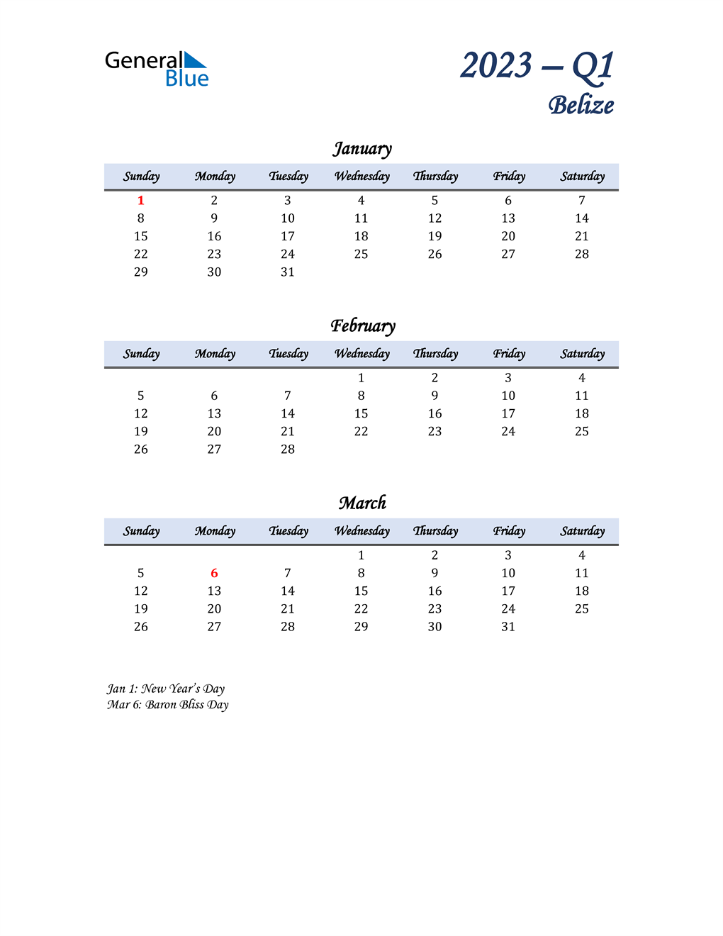  January, February, and March Calendar for Belize