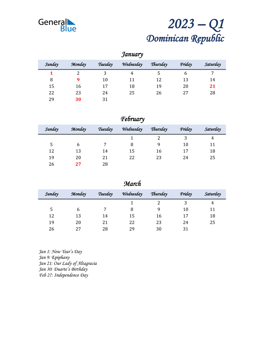  January, February, and March Calendar for Dominican Republic