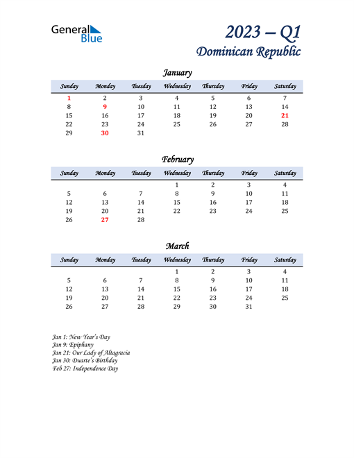  January, February, and March Calendar for Dominican Republic