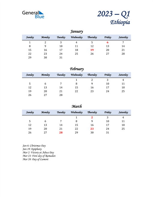  January, February, and March Calendar for Ethiopia