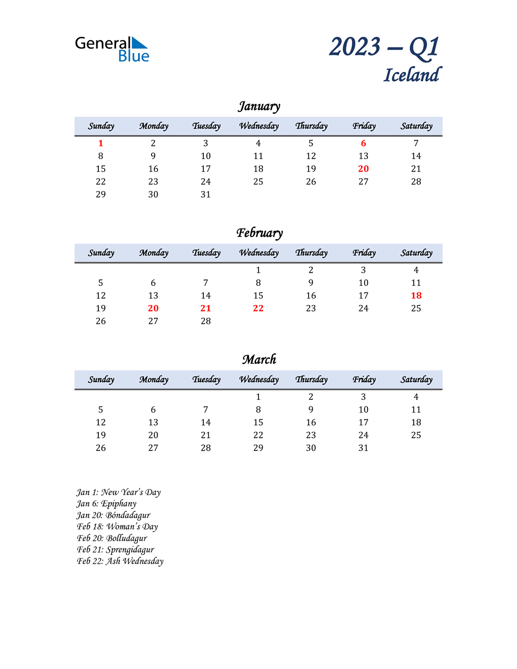  January, February, and March Calendar for Iceland