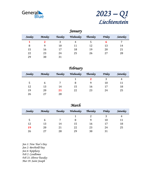  January, February, and March Calendar for Liechtenstein