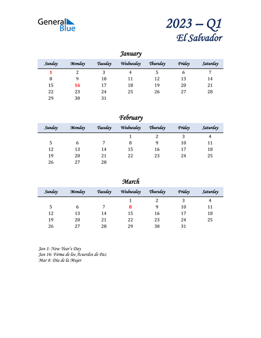  January, February, and March Calendar for El Salvador