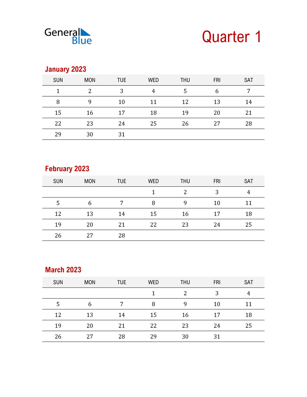  Three-Month Printable Calendar 2023