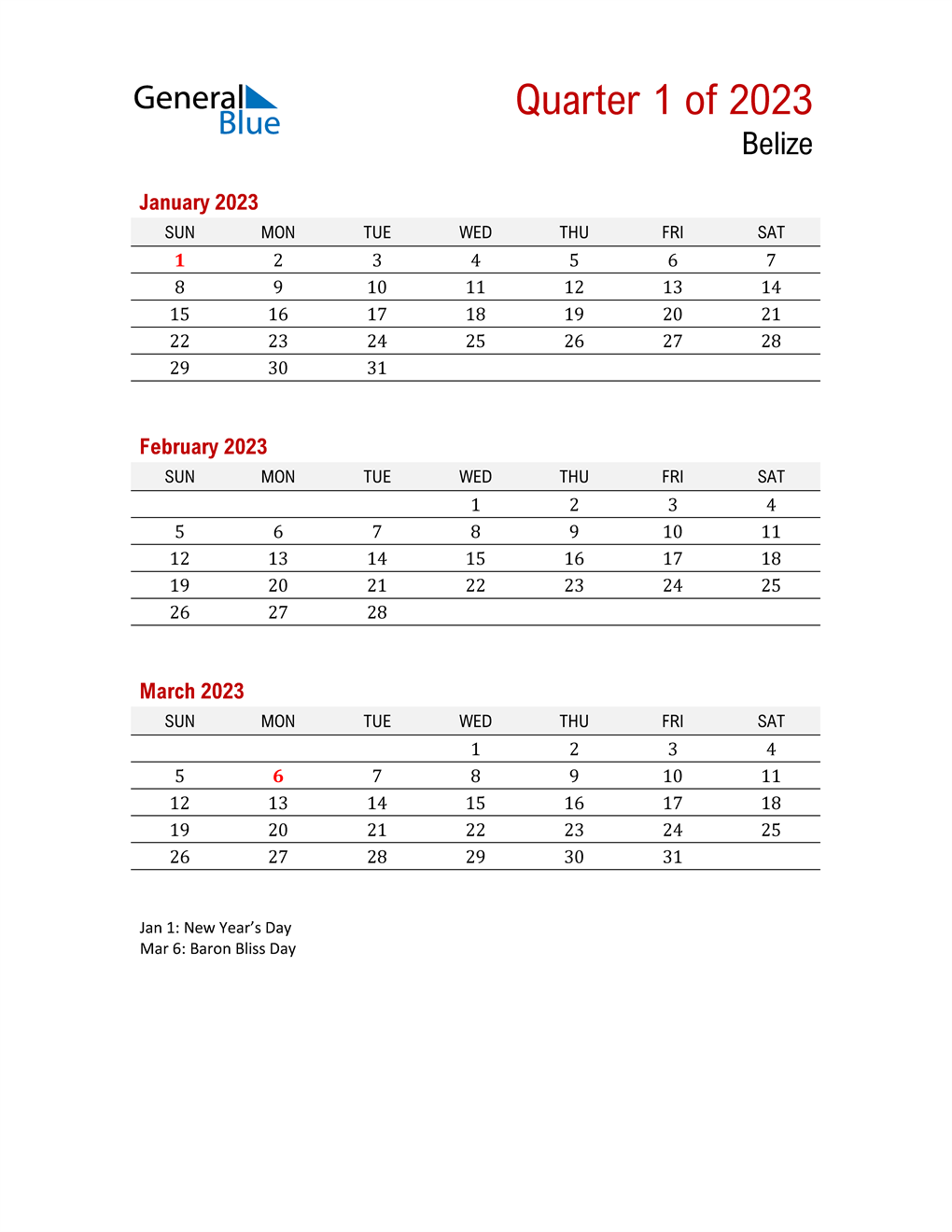  Printable Three Month Calendar for Belize