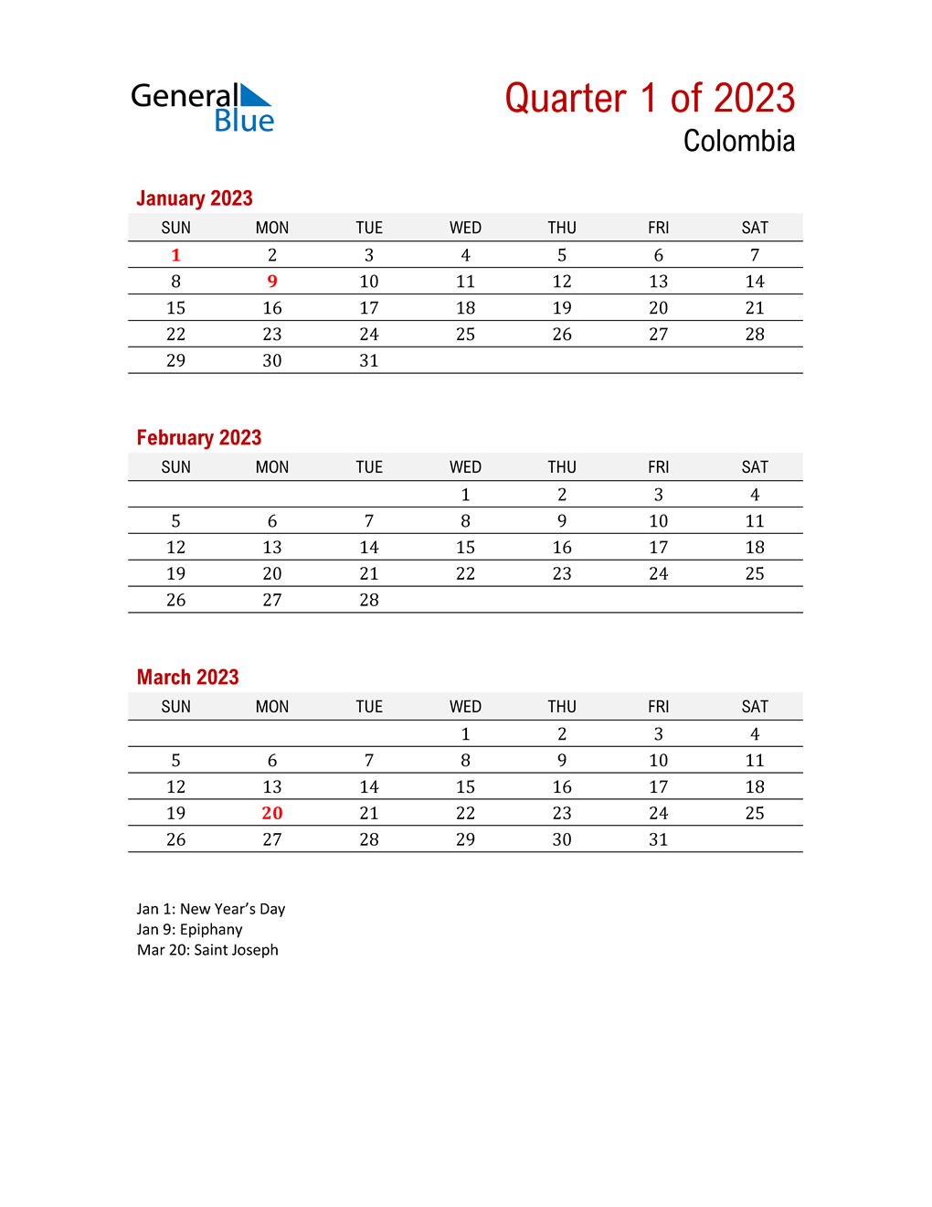  Printable Three Month Calendar for Colombia