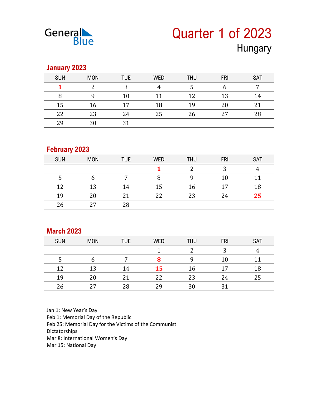  Printable Three Month Calendar for Hungary
