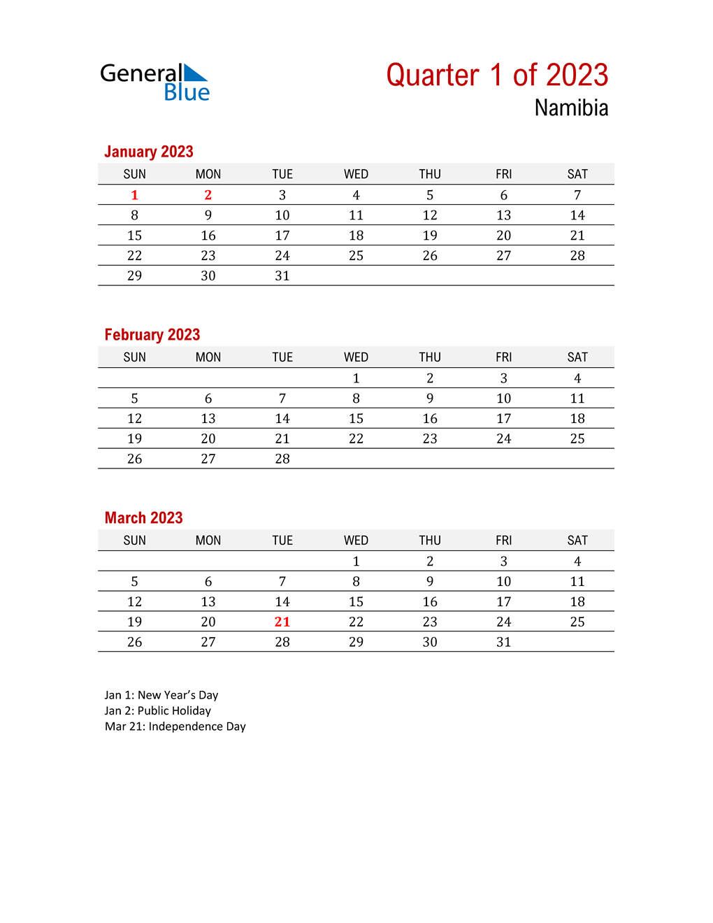  Printable Three Month Calendar for Namibia