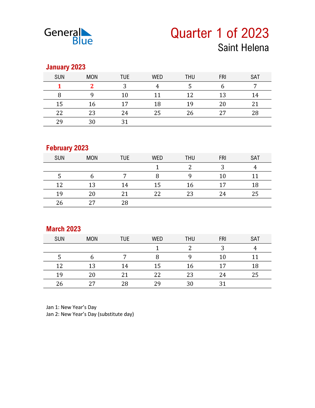  Printable Three Month Calendar for Saint Helena
