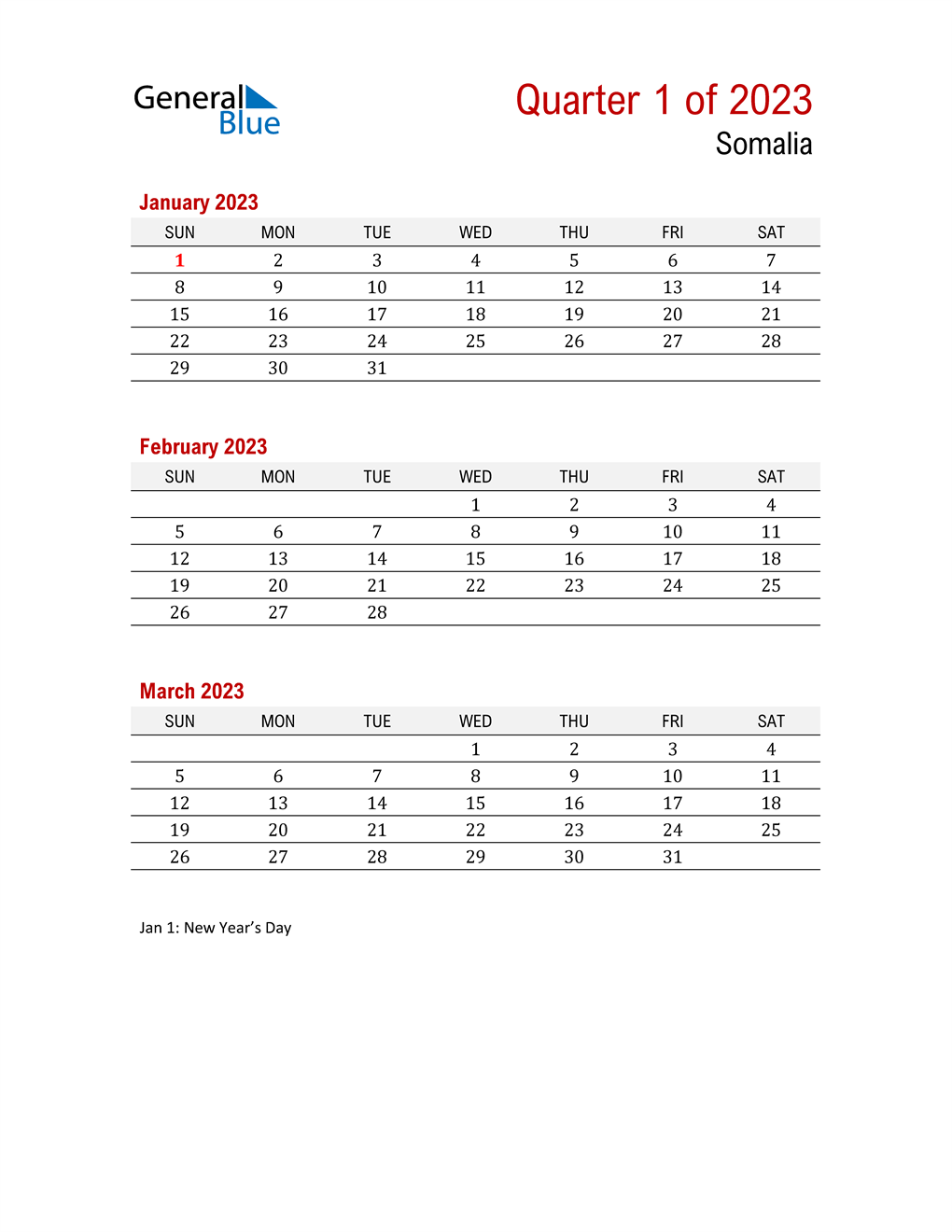  Printable Three Month Calendar for Somalia