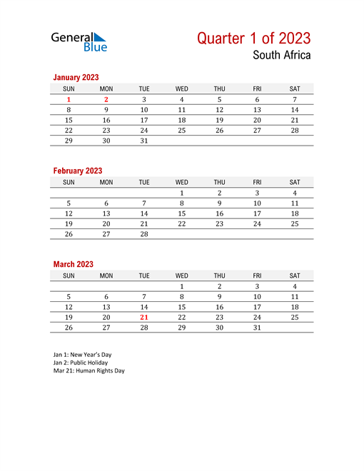  Printable Three Month Calendar for South Africa