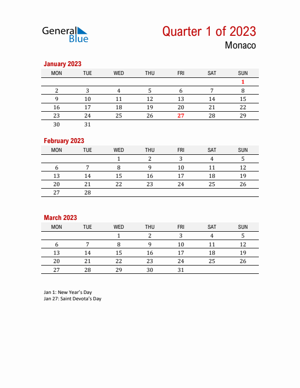 Printable Three Month Calendar with Monaco Holidays