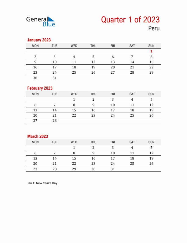 Printable Three Month Calendar with Peru Holidays