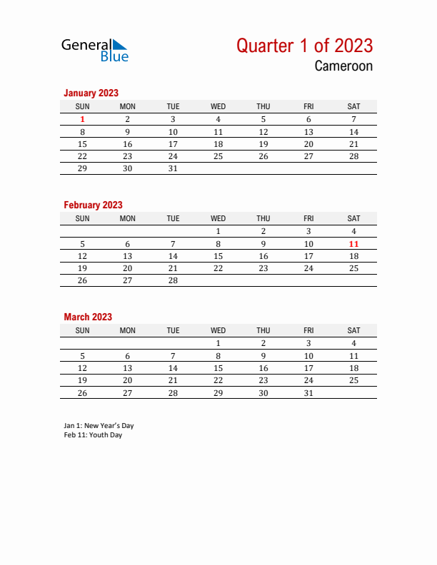 Printable Three Month Calendar with Cameroon Holidays