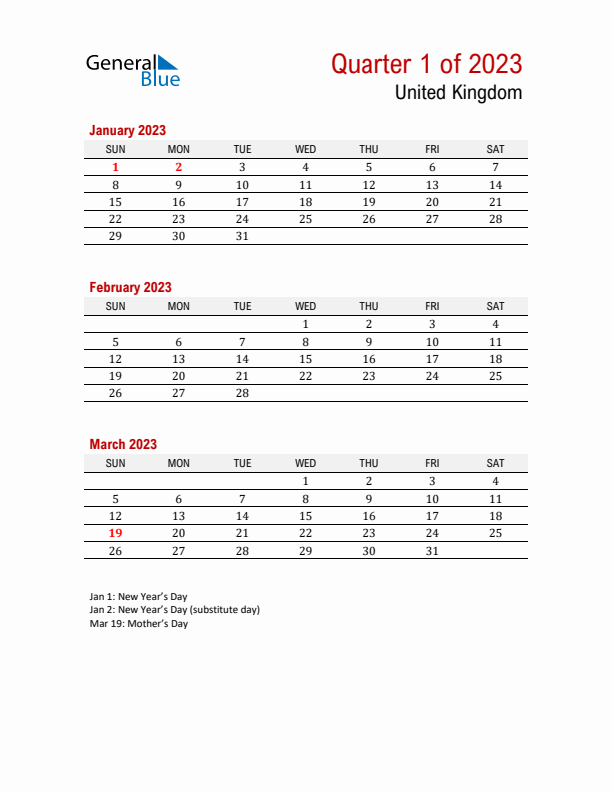 Printable Three Month Calendar with United Kingdom Holidays