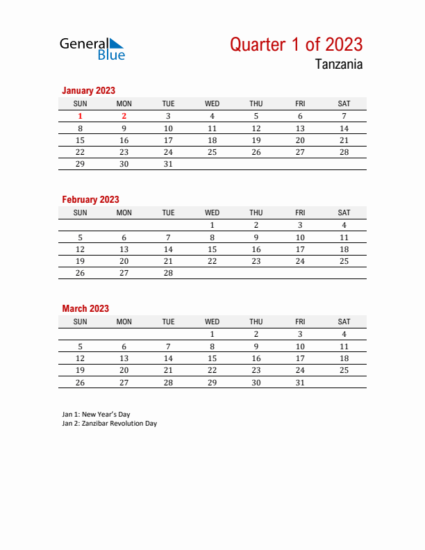 Printable Three Month Calendar with Tanzania Holidays
